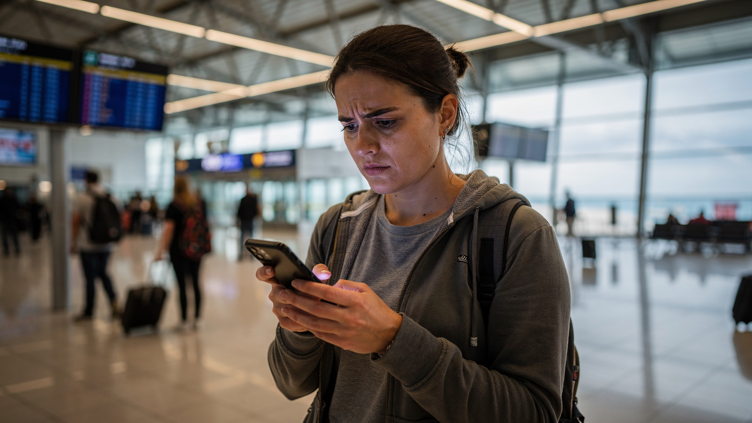 Zmatená cestovatelka si kontroluje telefon na letišti ve Splitu, kde se snaží najít správnou bránu. Kolem ní jsou další cestující a informační tabule.