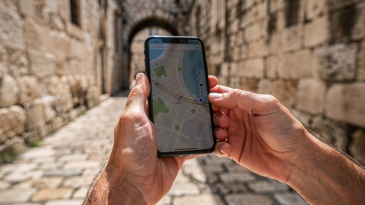 Detailní záběr na ruce cestovatele, který drží chytrý telefon a sleduje mapu na obrazovce, zatímco se snaží najít cestu v historickém centru Splitu. V pozadí je vidět kamenná dlažba a staré budovy.