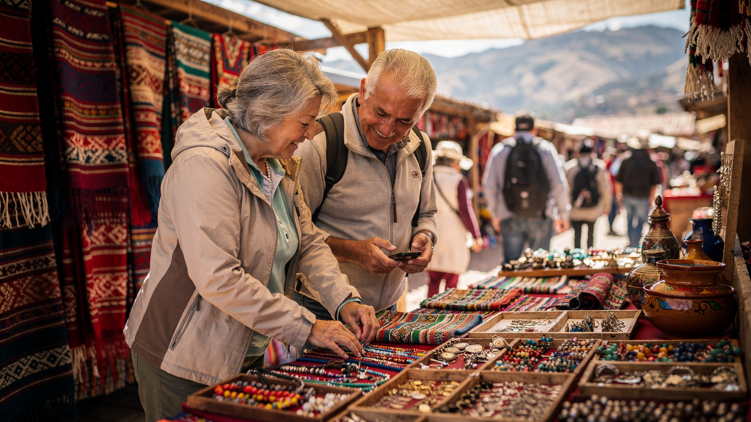 An older couple happily browsing vibrant local handicrafts at a bustling market stall in Otavalo, Ecuador, with one person casually holding their smartphone, indicating seamless connectivity in an authentic, busy setting.