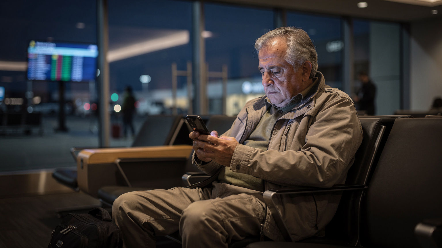 A concerned older traveler looking at their smartphone screen in a dimly lit, empty airport lounge, perhaps after realizing a connectivity issue, with a distant, blurred departure board in the background.