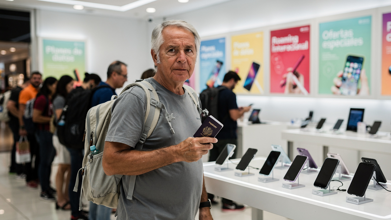 A traveler patiently waiting in line at a busy telecommunications store in a modern South American mall, holding their passport, with various mobile phone advertisements and bustling shoppers in the background.