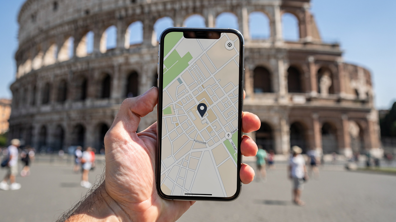 Ruka drží moderní chytrý telefon a zobrazuje mapu Říma s ikonou polohy v oblasti Kolosea. V pozadí je rozmazané Koloseum a turisté.