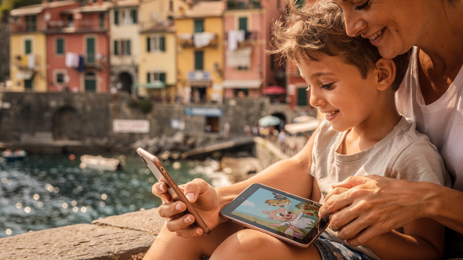 Rodič s mobilním telefonem drží za ruku dítě, které s úsměvem sleduje pohádku na tabletu. V pozadí je vidět typická italská pobřežní vesnice Portofino.