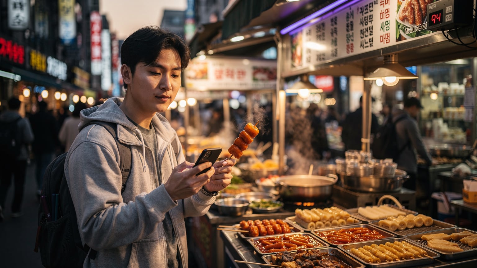 韓国の活気ある街角で、伝統的な屋台料理を楽しむ旅行者。スマートフォンで次の目的地を検索している様子。