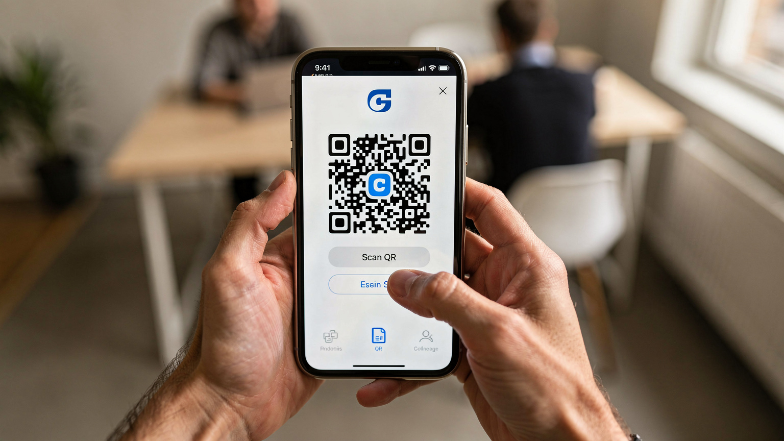 Nærbilde av hender som holder en smarttelefon med Cellesim-appen åpen og et installasjonsvindu for eSIM, med en QR-kode klar til skanning. Bakgrunnen er uskarpt, men antyder et moderne co-working space i Stockholm.