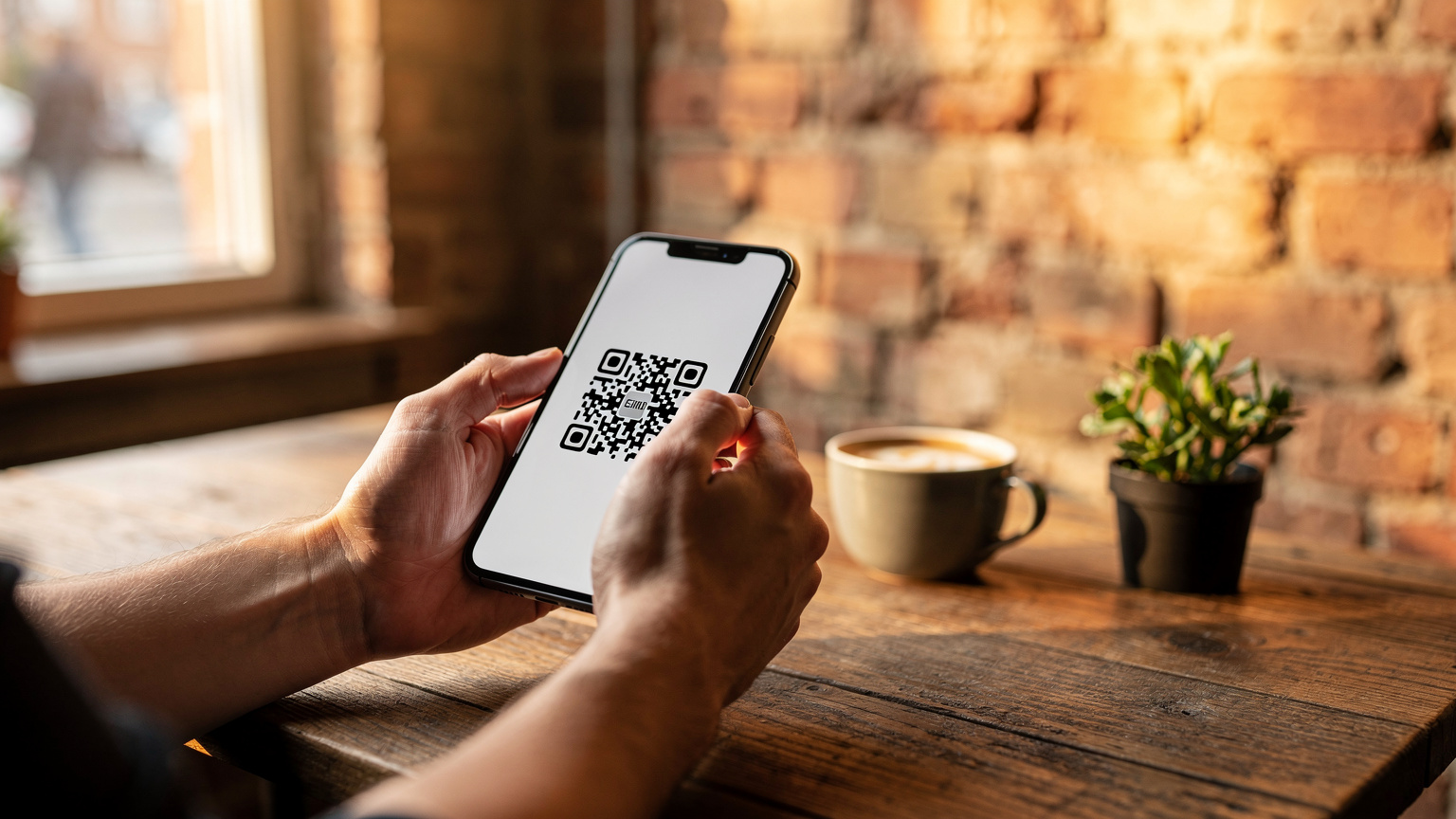 En reisende digital nomade holder smarttelefonen sin i hånden, med et eSIM-installasjonsvindu åpent, mens de nyter en rolig morgenkaffe på en kafé i et europeisk bysentrum.