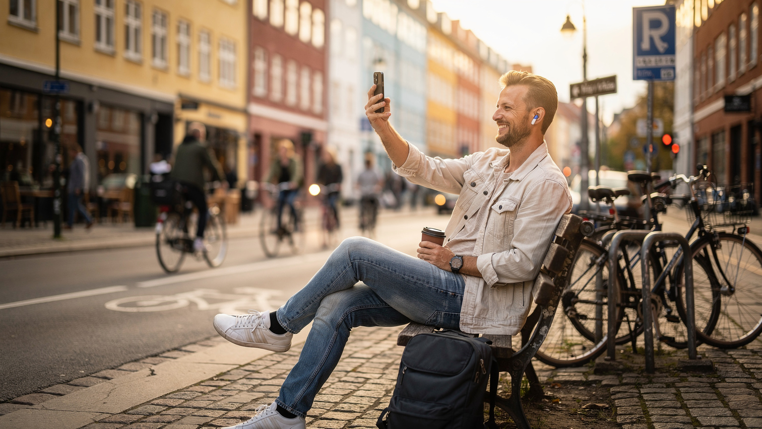 En travel digital nomade sitter på et gatehjørne i København, i nærheten av et populært co-working space, og tar en rask videosamtale med familien hjemme ved hjelp av sin smarttelefon og et pålitelig eSIM.