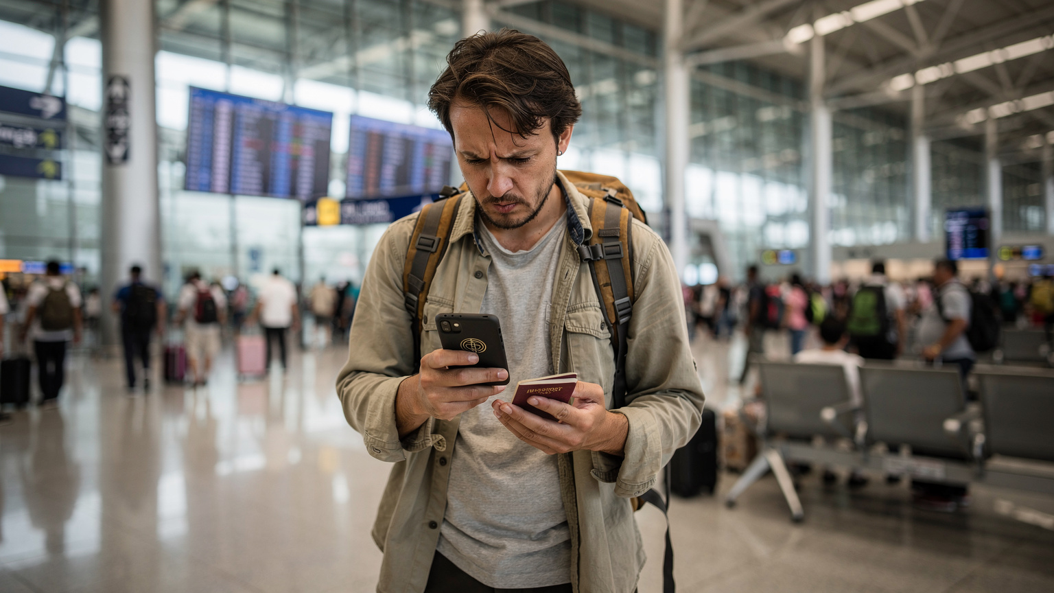 En travel reisende på en flyplass i Sørøst-Asia, med ryggsekk og pass, ser frustrert på smarttelefonen sin med dårlig eller ingen nettverkstilkobling, og stresser med å finne en løsning.