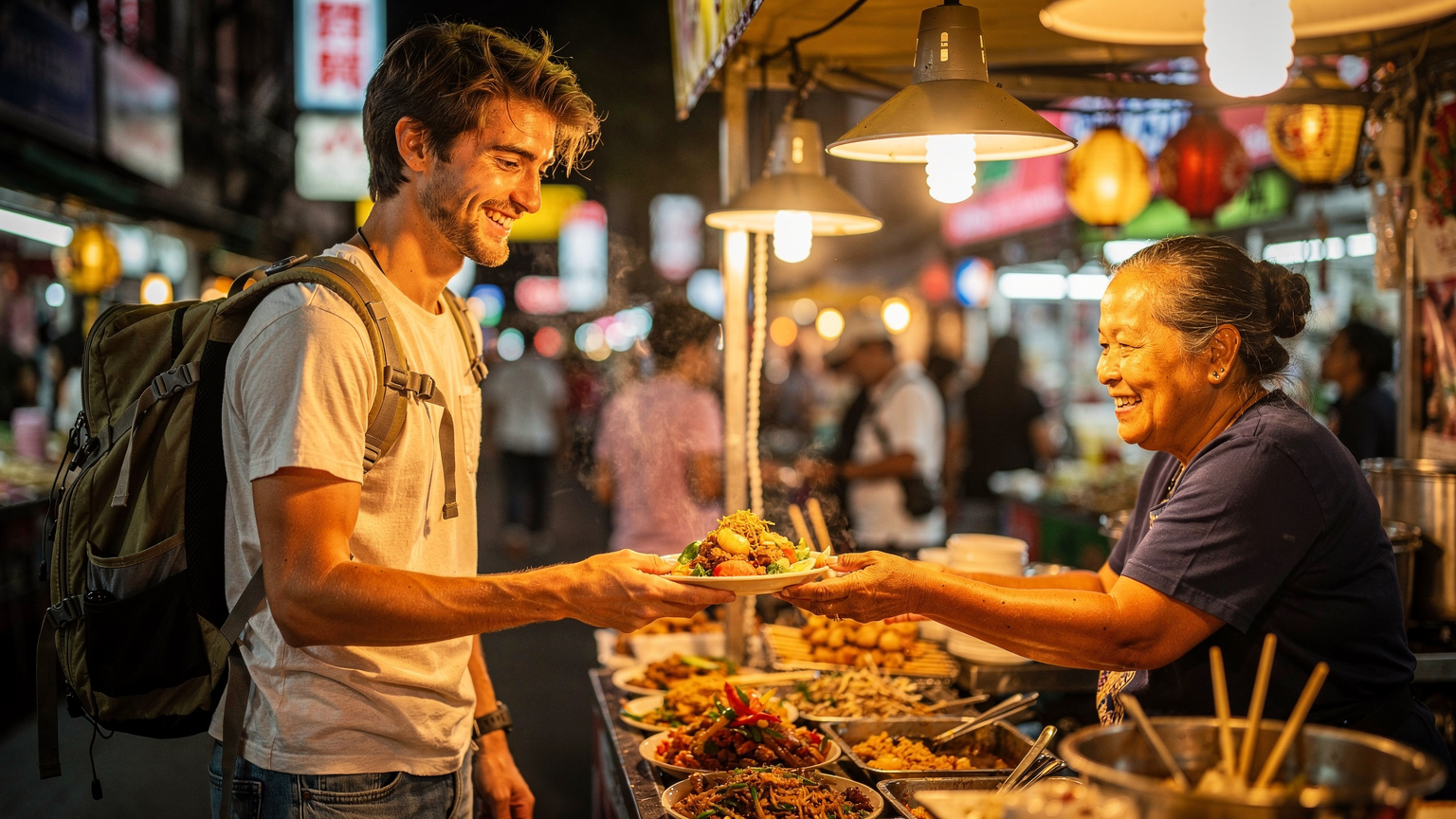 Un voyageur souriant interagit avec un vendeur de street food dans un marché animé de nuit à Bangkok, la lumière chaude des étals illuminant la scène.