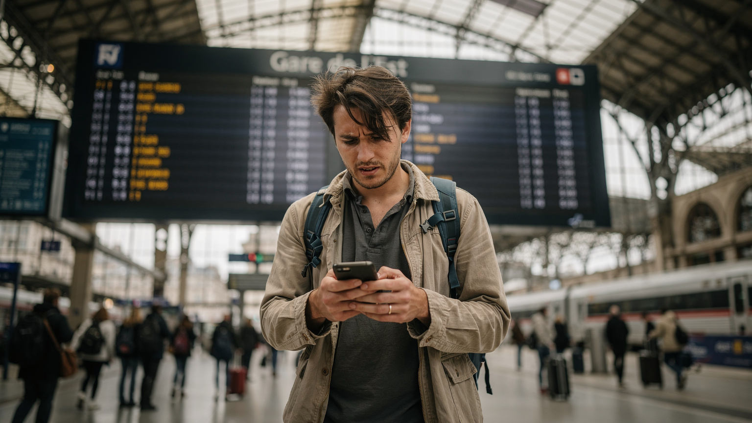 Un jeune homme fronçant les sourcils, regardant son smartphone avec une expression de frustration, debout devant un panneau de gare à la gare de l'Est à Paris, signalant une perturbation ou un problème de connexion.