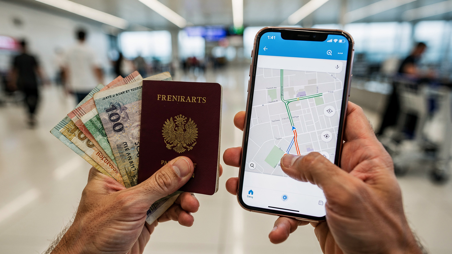 Une main tenant un smartphone, l'écran affichant une carte avec un itinéraire, pendant que l'autre main tient un passeport et des devises étrangères dans un aéroport animé.