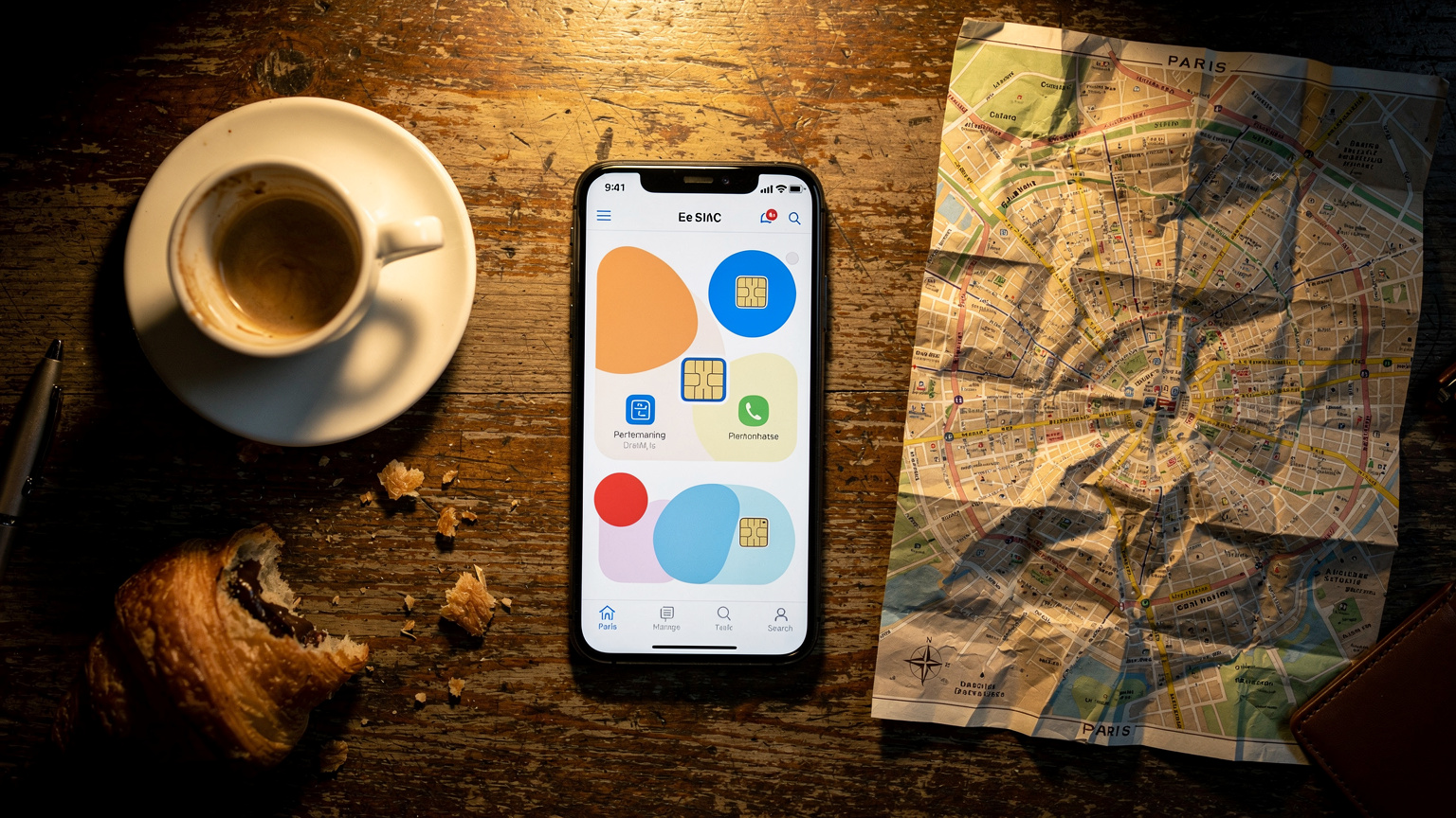 Un smartphone affichant les applications de gestion eSIM et une carte de voyage froissée sont posés sur une table en bois d'un café parisien, avec une tasse de café et une petite pâtisserie.