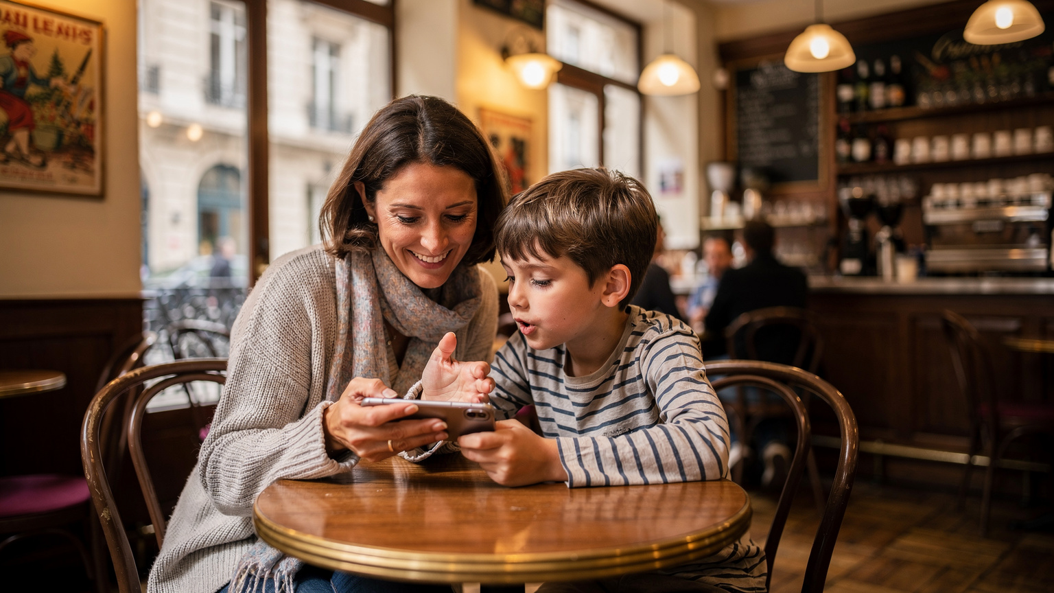 Une mère souriante montre un iPhone à son fils qui écoute attentivement, dans un café cosy de Lyon, leurs appareils connectés via une eSIM et des contrôles parentaux activés pour la sécurité en ligne.