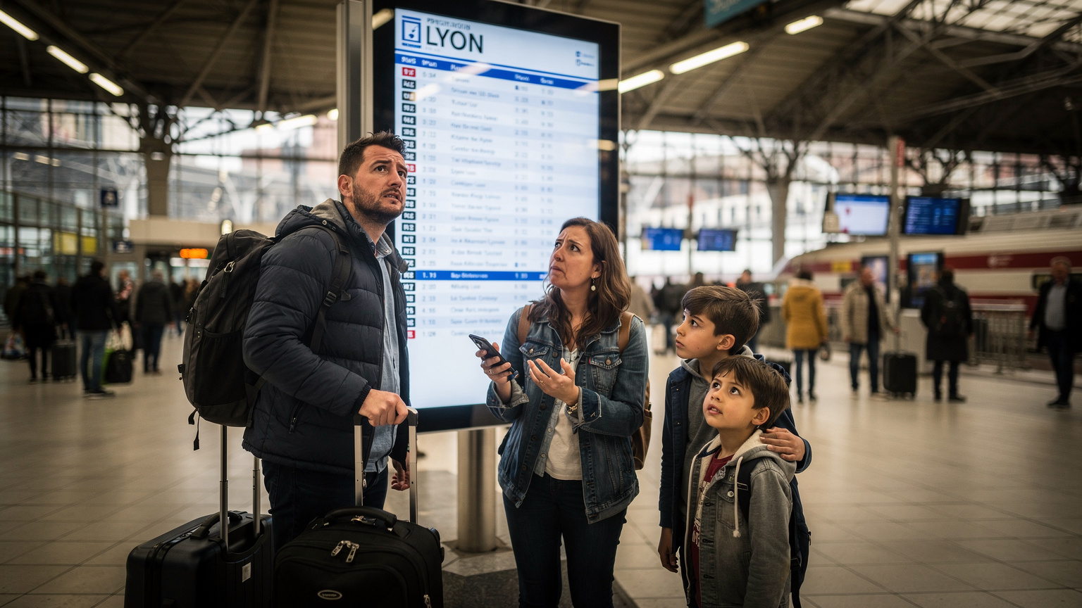 Une famille de touristes, l'air perdu et légèrement frustré, est debout devant un panneau d'information numérique à l'intérieur de la gare de Lyon Part-Dieu, la mère tenant un iPhone avec un signal faible affiché, cherchant désespérément une connexion.