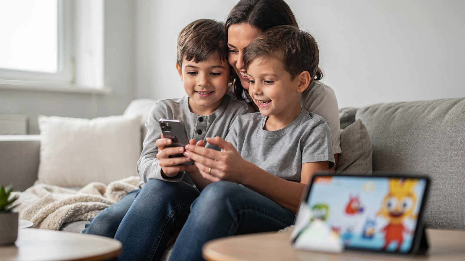Une mère souriante et son fils concentrés sur l'écran d'un iPhone, illustrant un transfert d'eSIM fluide, tandis qu'un iPad posé à côté diffuse discrètement un dessin animé, assurant la paix des enfants pendant la procédure.
