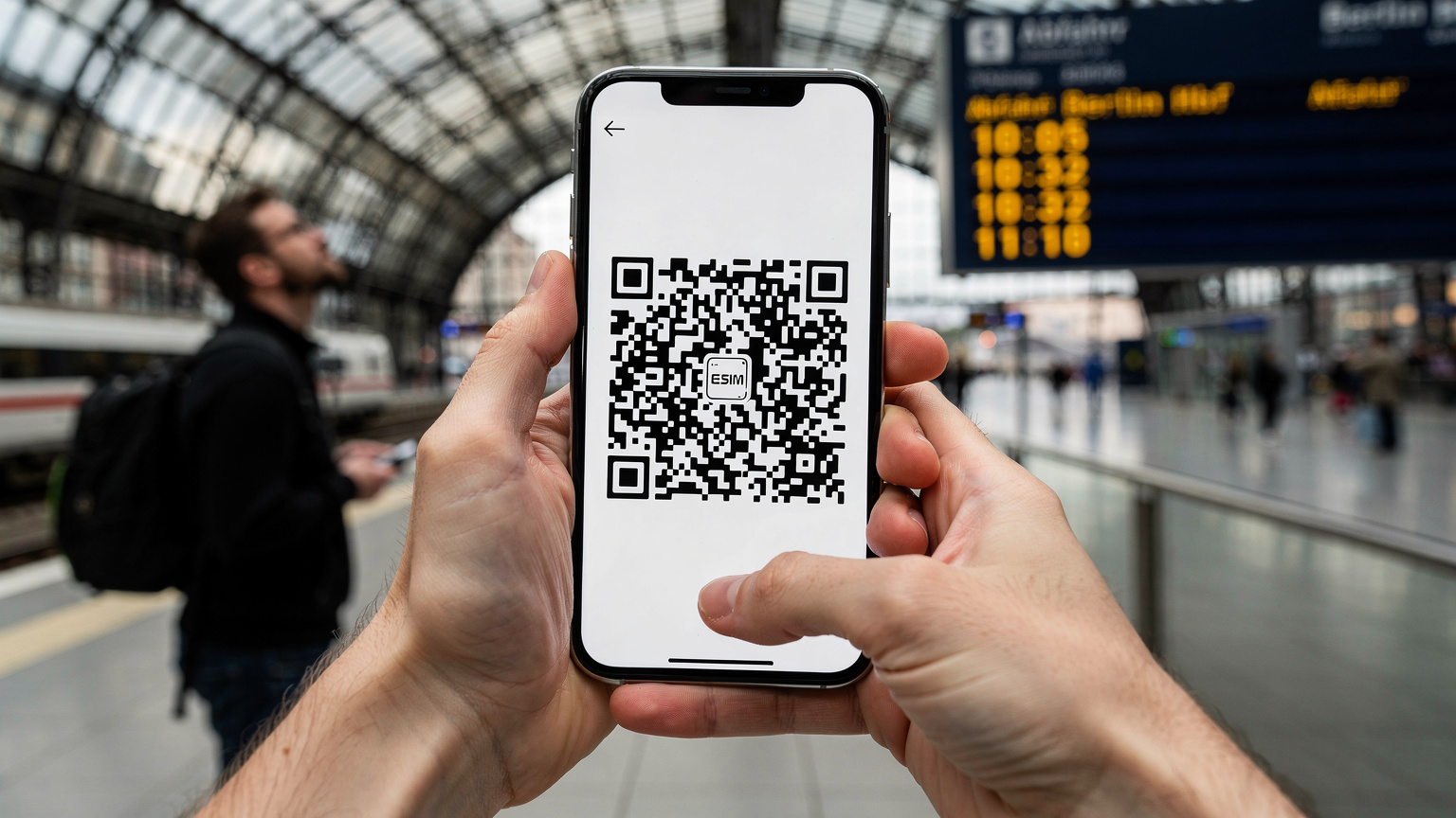 Nahaufnahme von Händen, die ein Smartphone halten, auf dem der QR-Code zur eSIM-Aktivierung abgebildet ist, während ein Reisender im Hintergrund die Bahnanzeigetafel am Berliner Hauptbahnhof beobachtet.