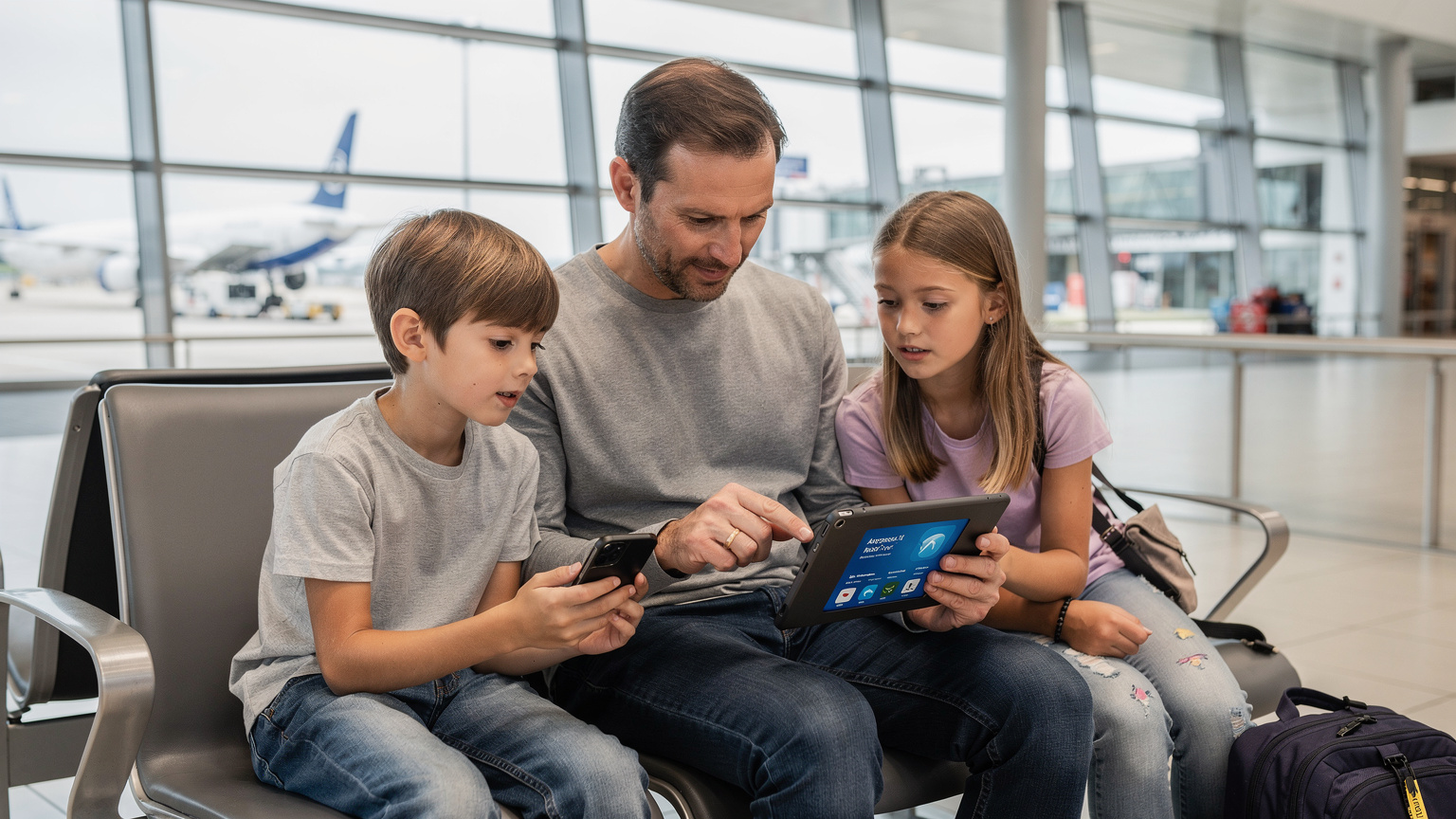 Ein Vater zeigt seinen Kindern am Flughafen Berlin Brandenburg auf einem Tablet, wie man vor dem Abflug Apps im Offline-Modus vorbereitet, während er gleichzeitig die eSIM-Einstellungen auf seinem Smartphone überprüft.