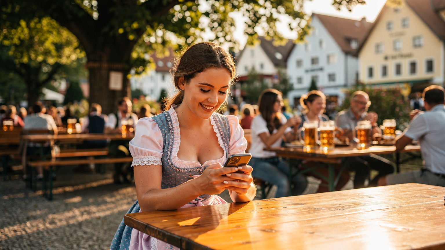 Eine junge Frau, gekleidet in einem eleganten Dirndl, lächelt entspannt, während sie in einem belebten Biergarten in München ihr Smartphone prüft, um eine eSIM für ihr Datenvolumen zu aktivieren, während im Hintergrund traditionelle bayerische Architektur und fröhliche Menschen zu sehen sind.