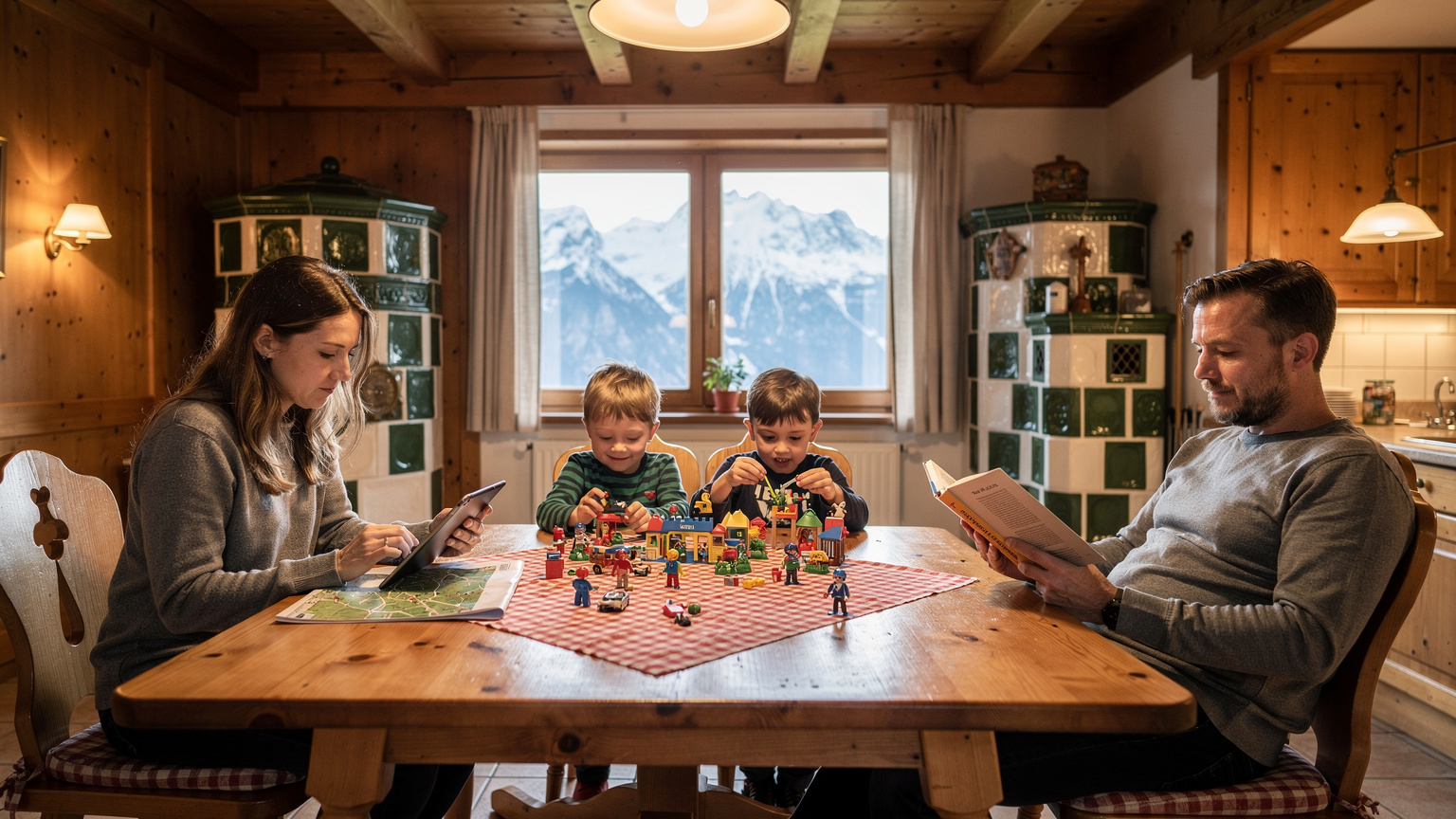 Eine junge Familie sitzt an einem Esstisch in einem typisch deutschen Ferienhaus in den Alpen, während die Mutter auf ihrem Tablet einen Offline-Kartenabschnitt für eine Wanderroute vorbereitet, während die Kinder Playmobil spielen und der Vater ein Buch liest.