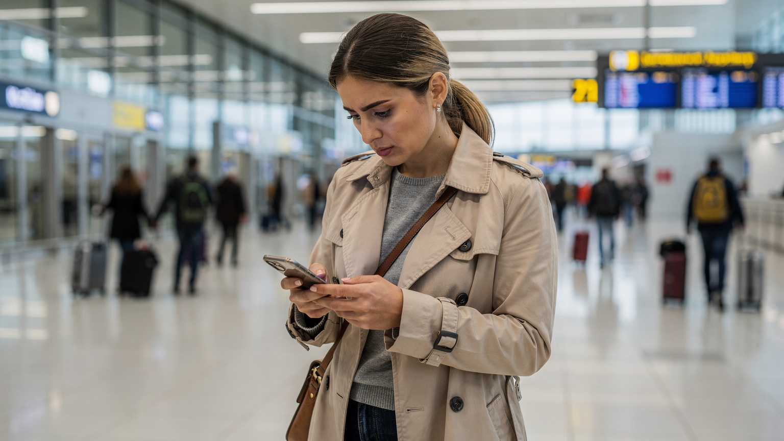 Українська жінка в аеропорту Бориспіль з тривогою дивиться на екран телефону, оточена розмитими силуетами людей і багажу.
