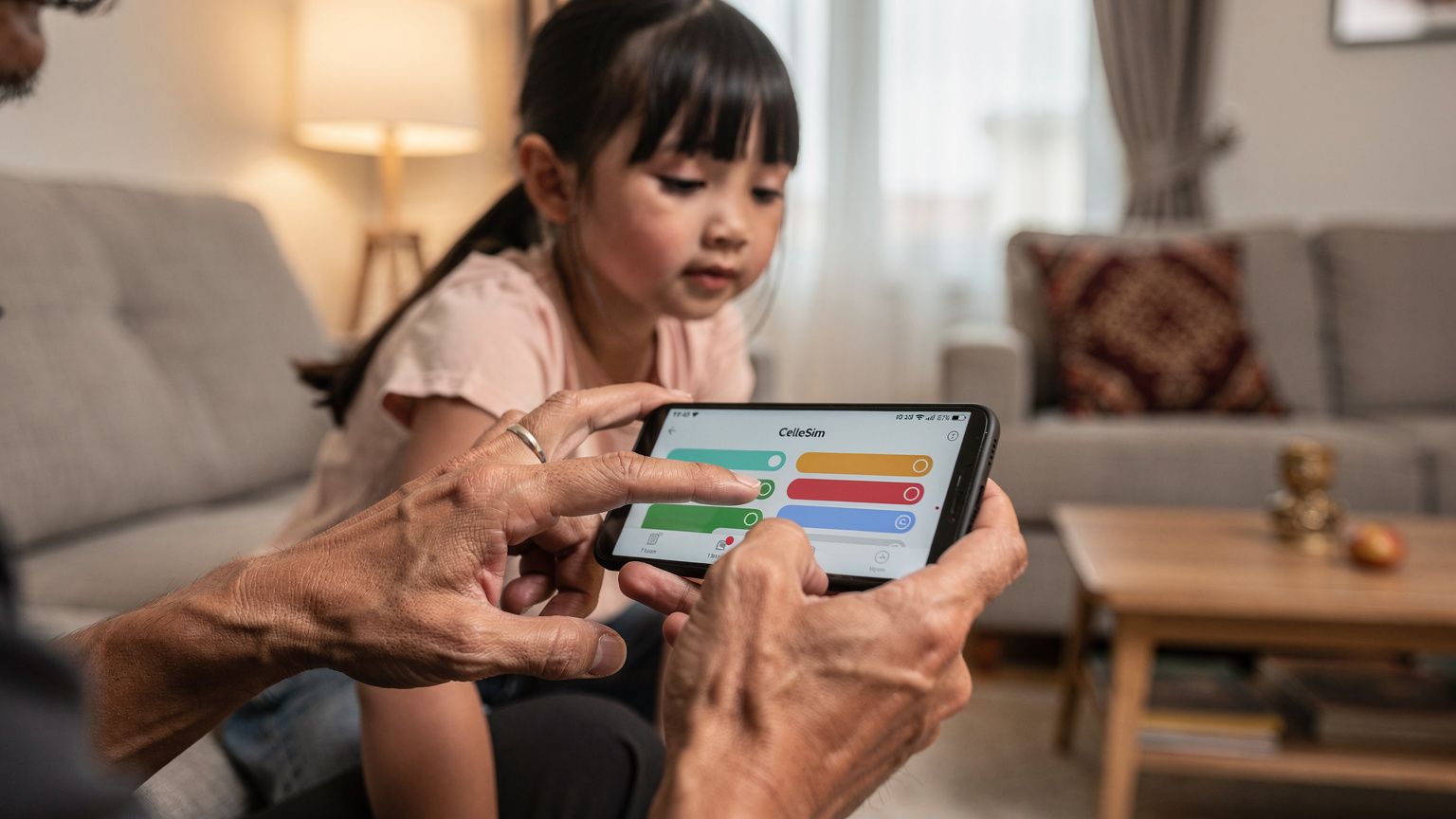 Tangan seorang bapa sedang menunjuk ke skrin telefon pintar yang memaparkan pilihan pelan eSIM dari Cellesim, dengan anak perempuannya yang berusia kira-kira 10 tahun melihat dengan penuh minat di latar belakang yang kabur di ruang tamu sebuah rumah Malaysia.