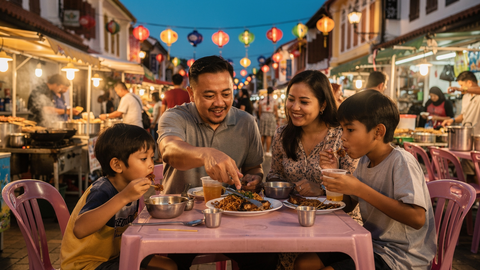Sebuah keluarga Malaysia, ibu bapa dan dua anak, sedang menikmati hidangan di sebuah gerai makanan tepi jalan yang sibuk di Jonker Street, Melaka. Lampu-lampu tradisional dan hiasan berwarna-warni kelihatan di latar belakang, dengan suasana yang meriah dan otentik.