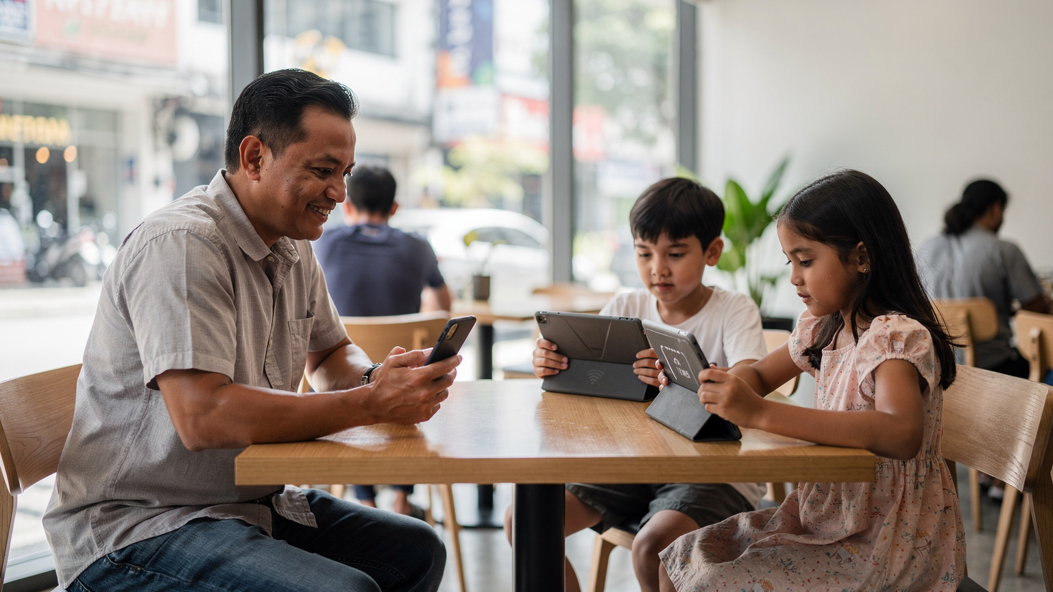 Seorang bapa sedang memegang telefon pintarnya yang diaktifkan hotspot, sambil anak lelakinya dan anak perempuannya bermain dengan tablet di meja makan di sebuah kafe moden di Bukit Bintang, Kuala Lumpur.