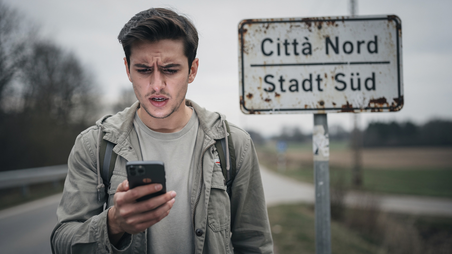 Un nomade digitale con un'espressione preoccupata guarda il suo smartphone che mostra 'Nessun servizio' al confine tra due paesi, con un cartello stradale bilingue sullo sfondo che indica la direzione di due diverse città.