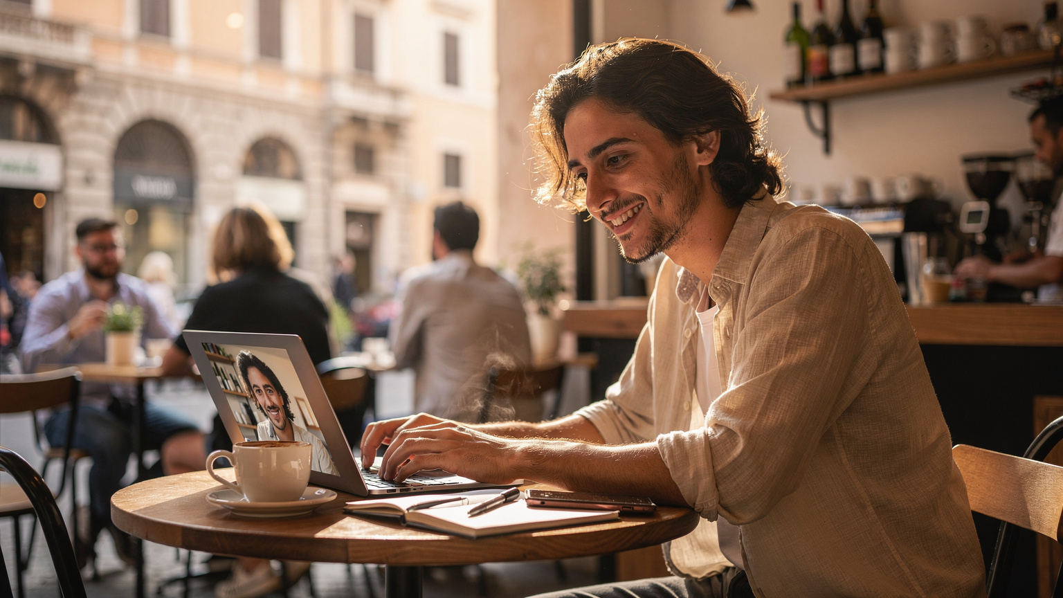 Un nomade digitale in una videochiamata di lavoro con un collega, seduto al tavolo di un vivace bar a Roma, Italia, con una tazza di caffè e un quaderno, mentre il sole del mattino illumina la scena attraverso un'ampia finestra.