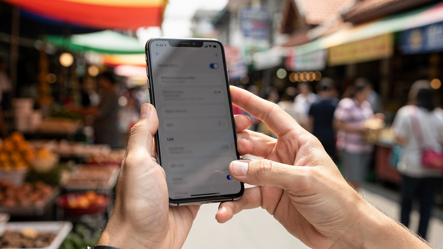 Un nomade digitale controlla le impostazioni del suo smartphone per attivare un'eSIM, con le mani che interagiscono delicatamente con lo schermo, mentre sullo sfondo si intravede una vivace strada di mercato a Bangkok, Thailandia.