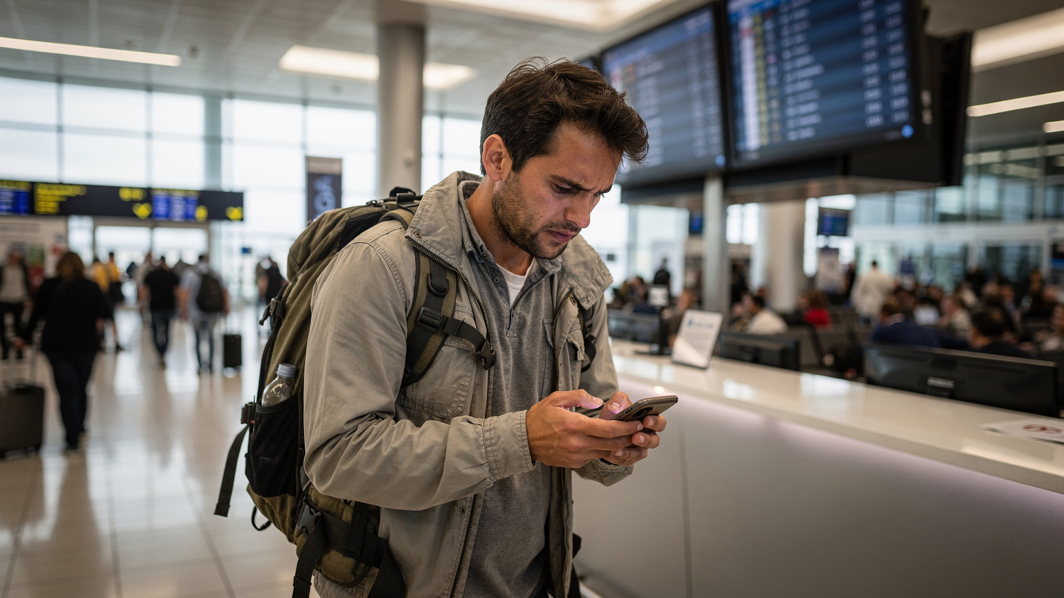 Un călător cu un rucsac, arătând semne de frustrare în timp ce verifică telefonul la un ghișeu de informații într-un aeroport grecesc aglomerat.
