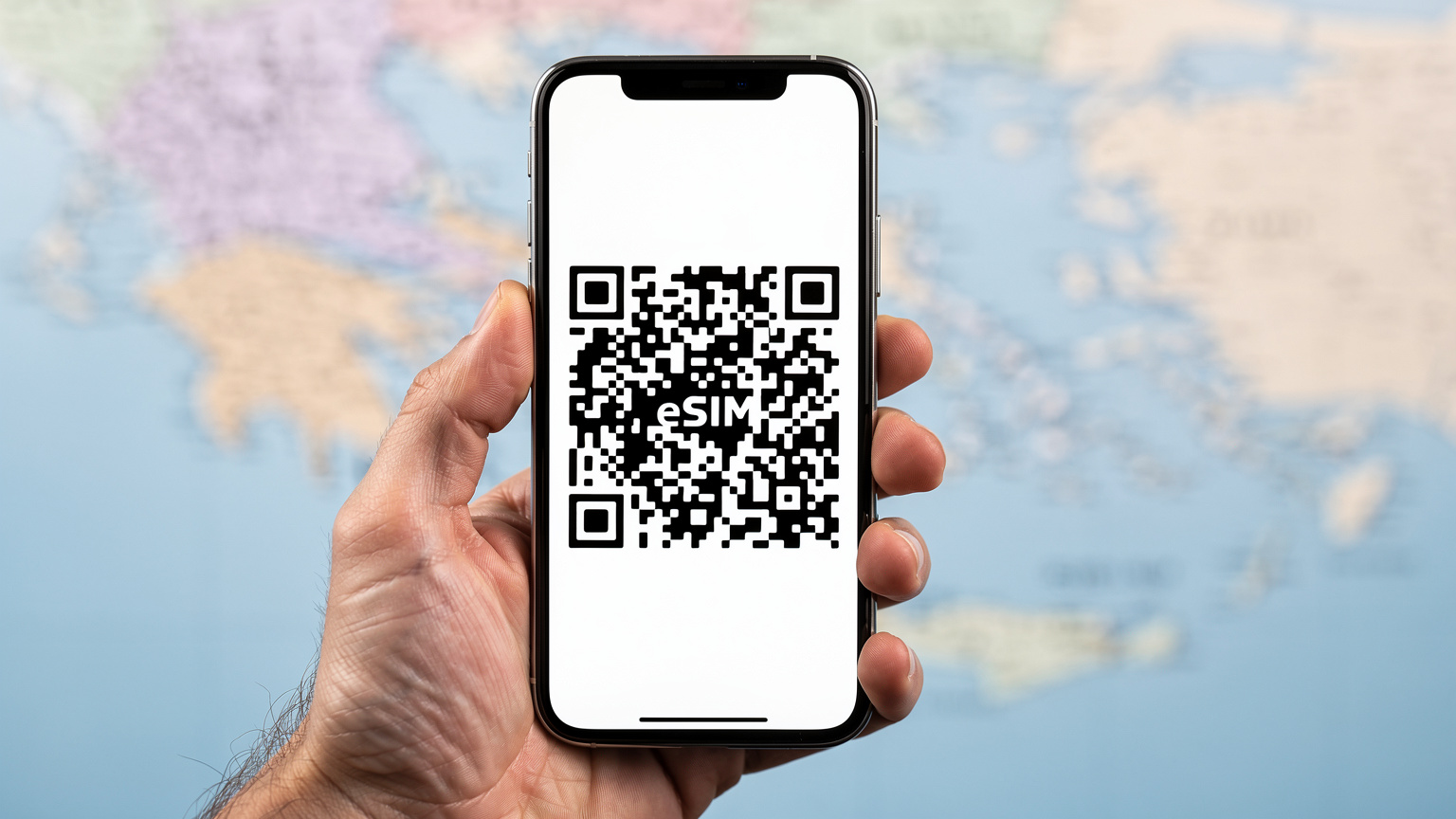 O mână ținând un smartphone care afișează un cod QR, cu o hartă estompată a Greciei în fundal, indicând activarea ușoară a eSIM-ului.