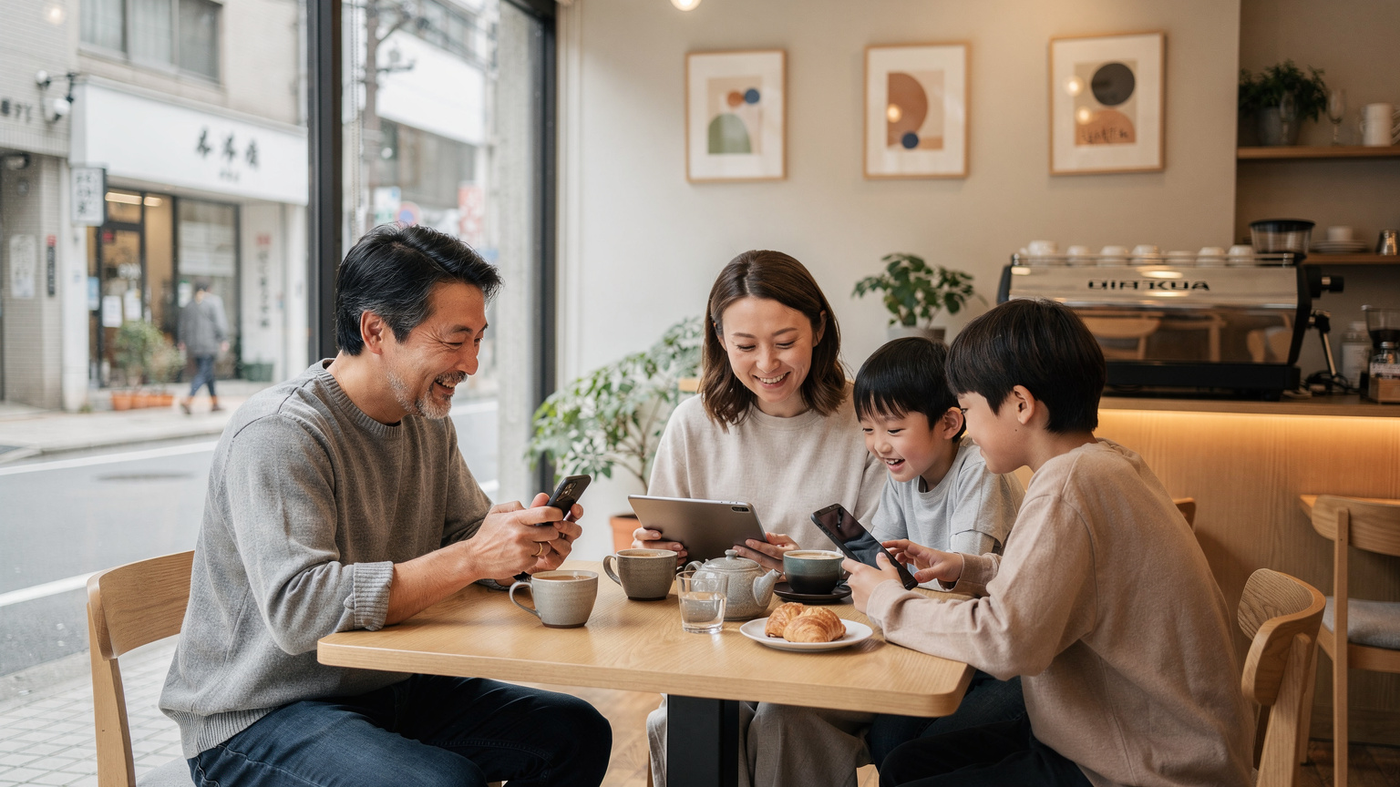 Sebuah keluarga, ibu bapa dan dua anak, sedang duduk di sebuah kafe moden yang tenang di Harajuku, Tokyo. Mereka semua sedang melihat peranti masing-masing (telefon, iPad), tetapi sesekali tersenyum antara satu sama lain, menunjukkan keseimbangan antara hiburan digital dan interaksi keluarga. Lampu hangat dari tingkap besar menerangi mereka.