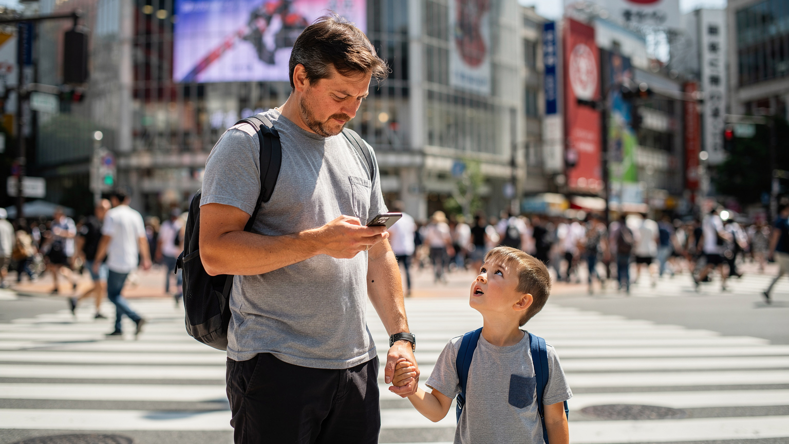 Seorang bapa menggunakan telefonnya untuk mencari arah di kawasan Shibuya Crossing yang sibuk, sambil anak lelakinya yang kecil (kira-kira 6 tahun) memegang tangan bapanya dengan erat, melihat sekeliling dengan mata yang teruja.