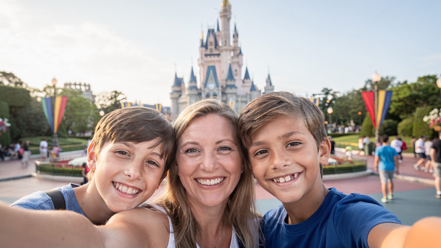 Seorang ibu yang tersenyum riang sedang mengambil swafoto bersama anak-anaknya di hadapan Cinderella Castle di Tokyo Disneyland, dengan orang ramai di latar belakang. Cahaya matahari terang pagi.