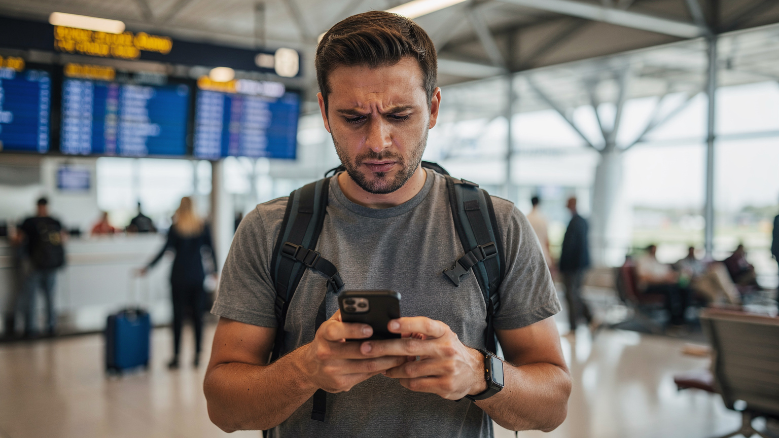 Cestovatel s úzkostí kontroluje svůj telefon na letišti, zatímco se snaží zjistit, proč jeho eSIM data nefungují tak, jak očekával.
