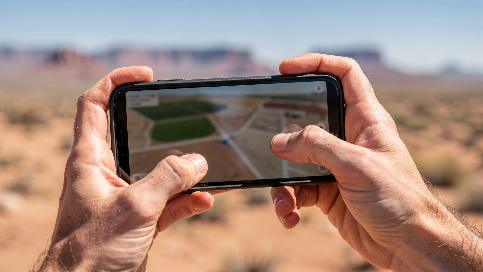 Detailní záběr na ruce, které drží smartphone a ověřují pokrytí sítě na mapě, zatímco v pozadí je vidět typická americká krajina s dalekými kopci.