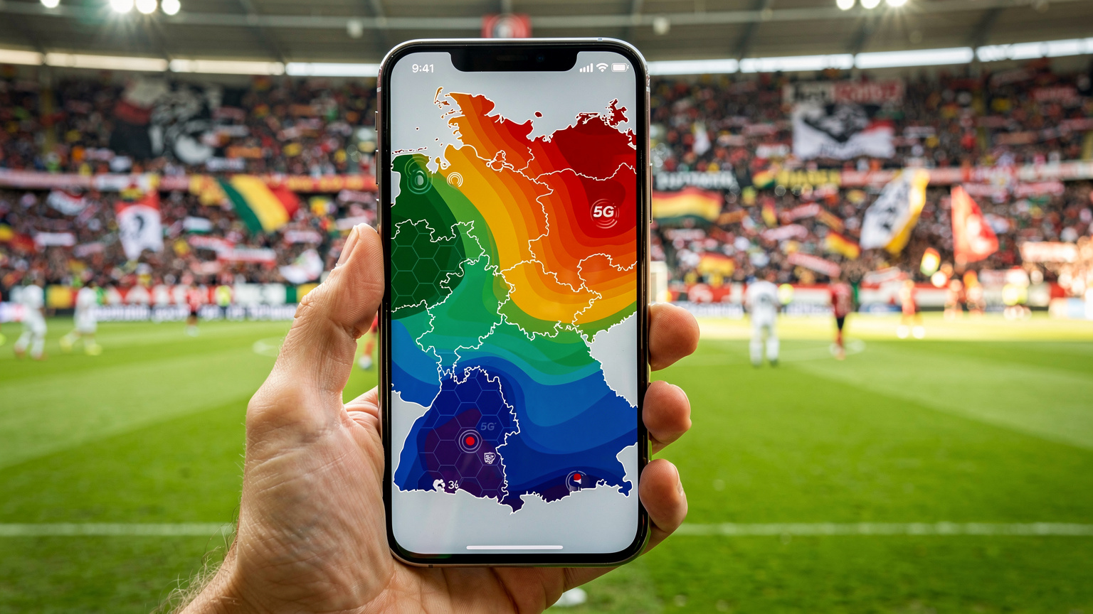 Un smartphone cu o hartă de acoperire 5G afișată pe ecran, având în fundal un stadion de fotbal modern din Germania, plin de suporteri.