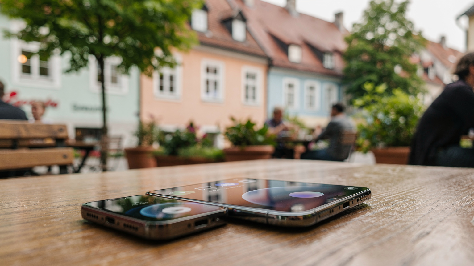 Un telefon mobil cu iconițele de VoLTE și Wi-Fi Calling în bara de stare, așezat pe o masă de lemn, pe fundalul unei terase liniștite de cafenea dintr-un cartier rezidențial din München.