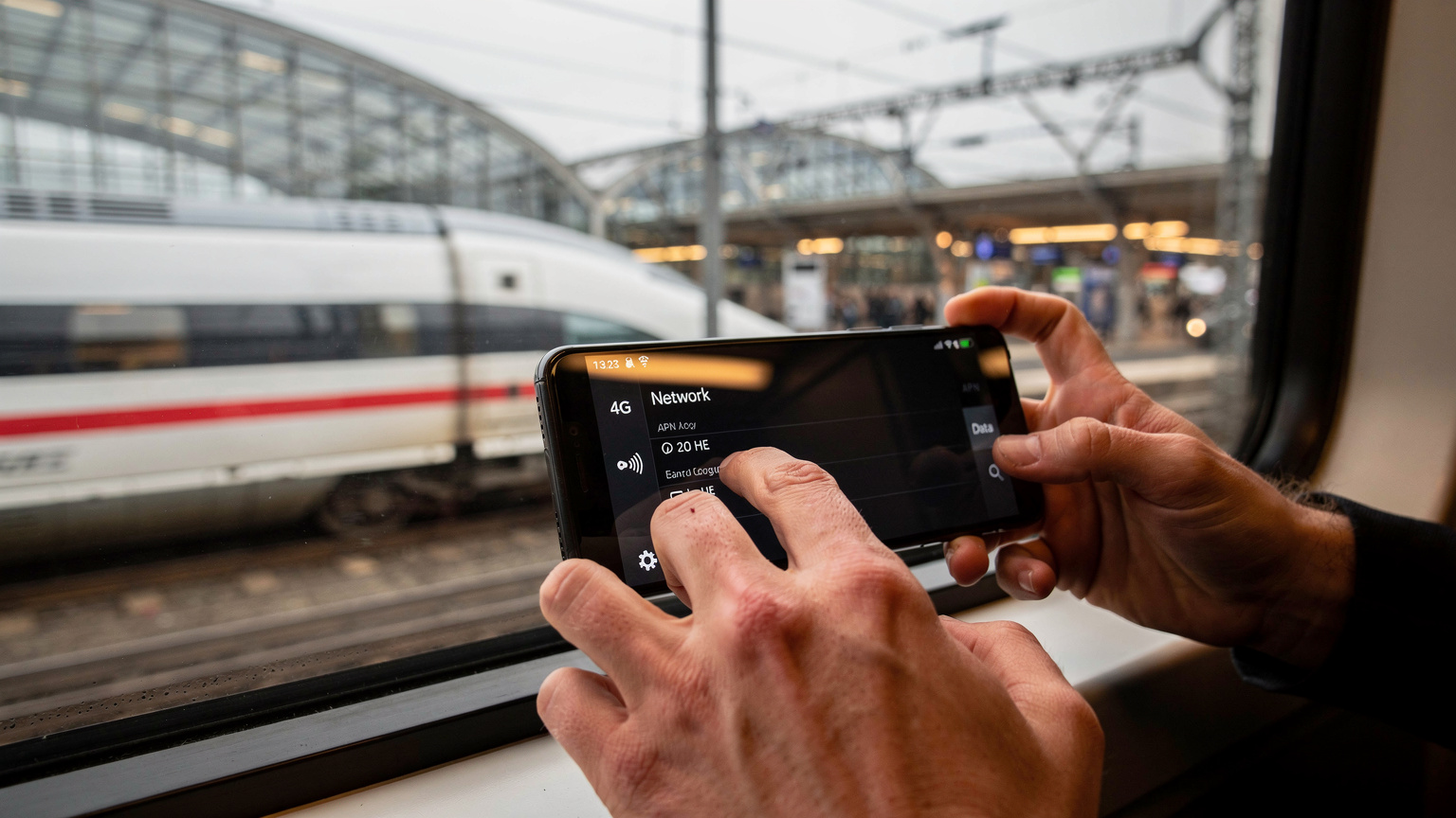 O persoană verifică setările de rețea mobilă pe un smartphone, pe fundalul unui tren ICE de mare viteză care trece pe lângă o gară aglomerată din Frankfurt.