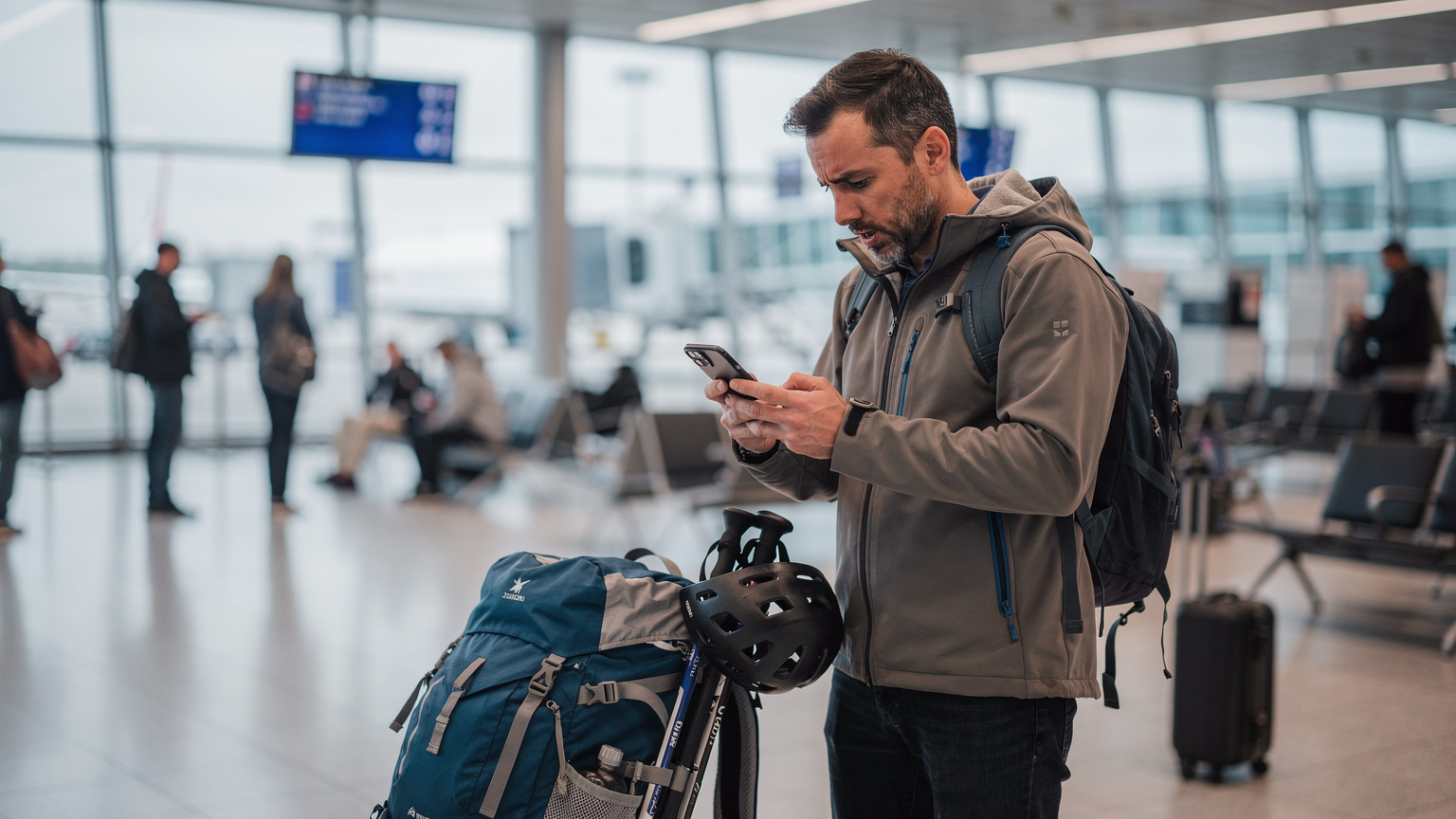 Un călător într-un aeroport aglomerat, cu un rucsac de schi lângă el, privește cu îngrijorare ecranul telefonului său, încercând să rezolve o problemă de conectivitate eSIM înainte de zborul său.