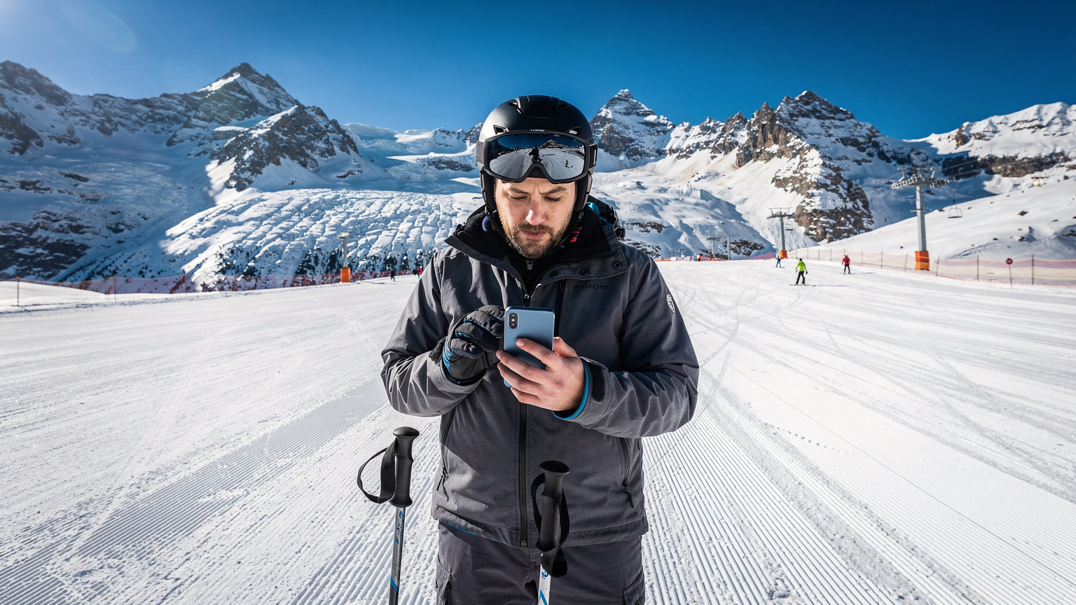 Un schior se oprește la marginea pârtiei pentru a verifica hărțile și mesajele pe telefon, cu munții înzăpeziți ai Alpilor Elvețieni în fundal, la o altitudine mare.