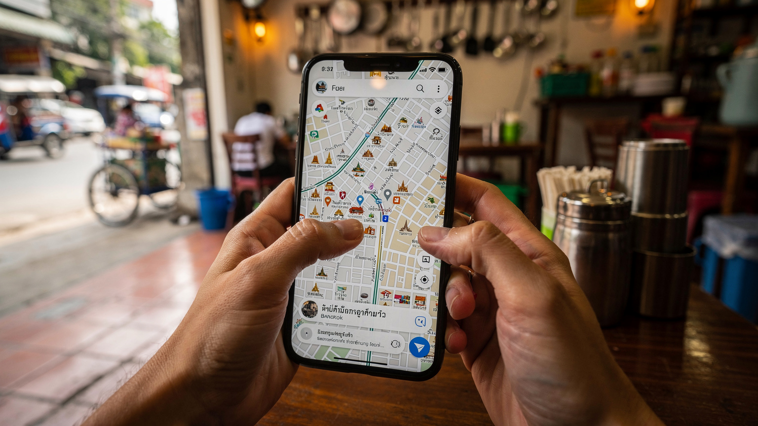 Gros plan sur des mains d'une personne tenant un smartphone affichant une carte hors ligne de Bangkok, avec des icônes de points d'intérêt locaux en thaï, dans un café animé.