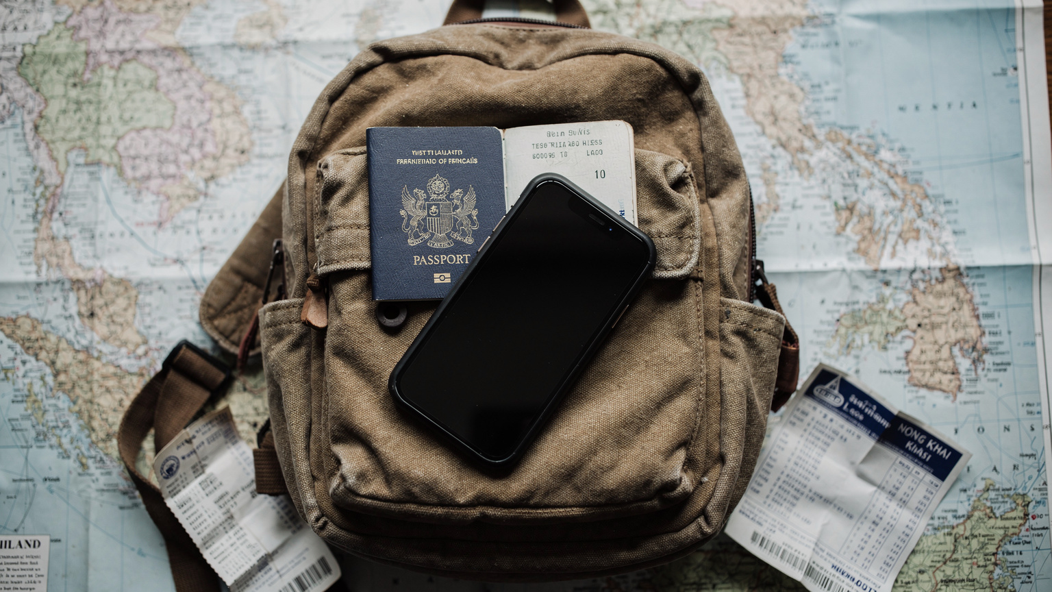 Un téléphone posé sur un passeport et un petit sac à dos de voyage, avec une carte de la Thaïlande et du Laos en arrière-plan, suggérant un voyage transfrontalier.