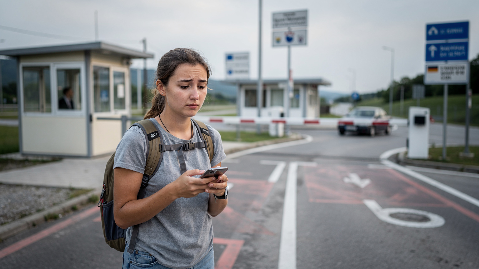 A traveler standing at a land border crossing between two European countries, looking at their phone with a map open, a mix of excitement and slight uncertainty on their face as they consider connectivity.