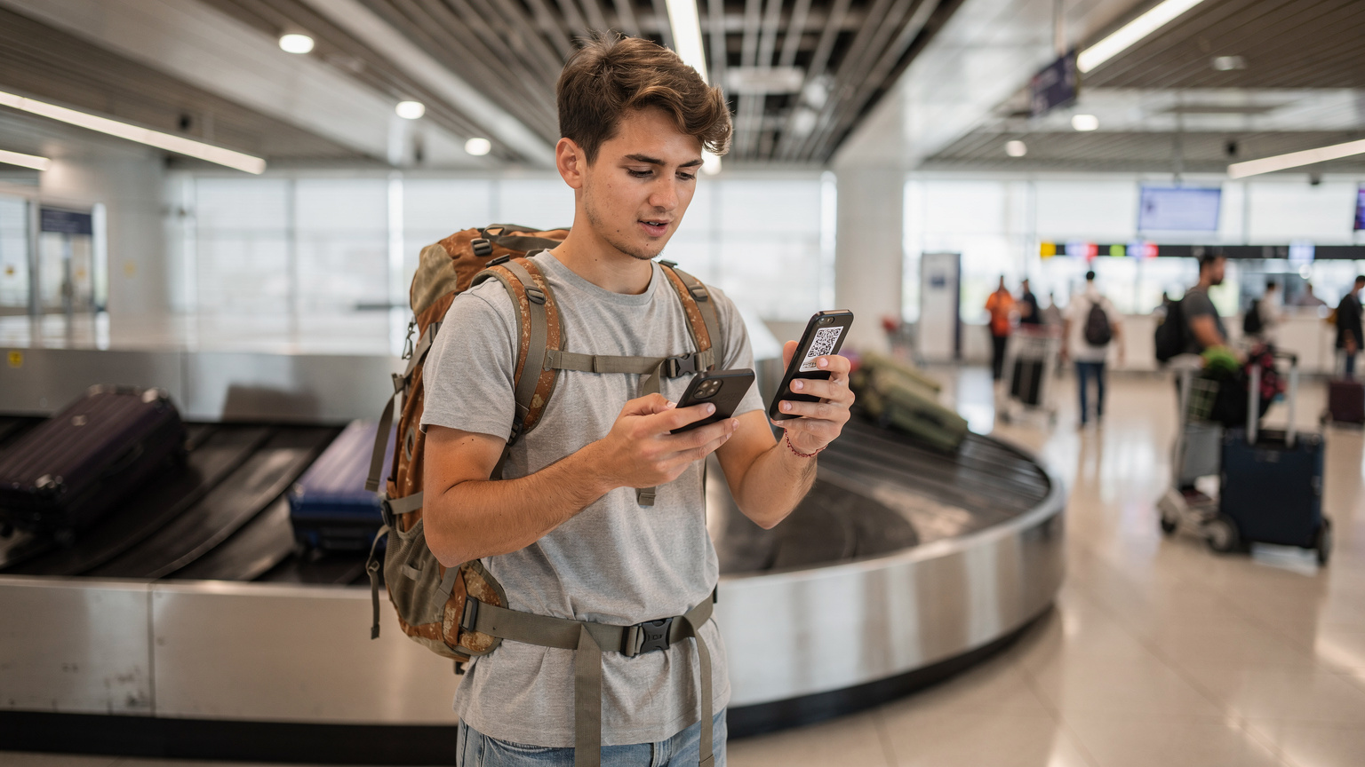A backpacker confidently scanning an eSIM QR code from their phone while waiting for luggage at a bustling, modern airport baggage claim in Bangkok, Thailand.