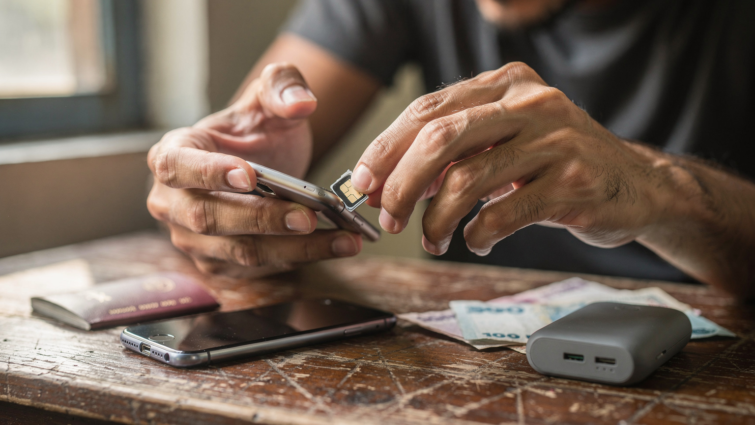 A close-up of a traveler's hands carefully inserting a tiny physical SIM card into a phone slot, with a passport and local currency visible on a worn hostel desk in Hanoi, Vietnam.