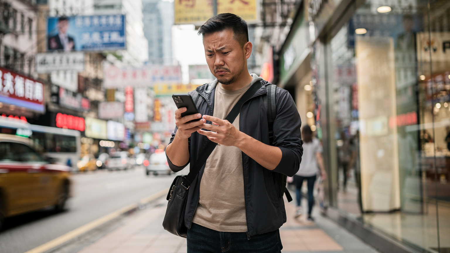 一位中国男性旅客在香港铜锣湾的街头, 举着手机查看, 脸上带着一丝困惑, 似乎遇到了网络连接问题, 背景是高楼大厦和繁忙的交通。