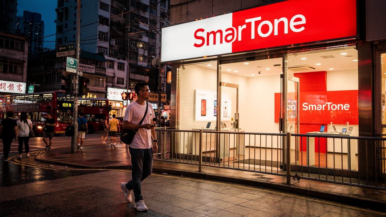 一位香港本地居民在一家SmarTone电信门店外, 店铺招牌明亮, 街道繁忙, 展现了本地运营商的实体存在。