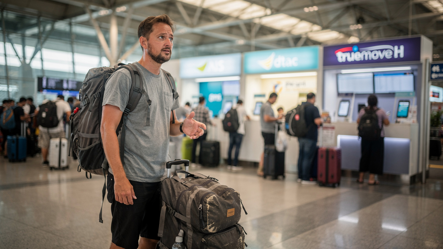 Podróżnik w terminalu na lotnisku w Bangkoku (Suvarnabhumi), patrzący z zaniepokojeniem na długie kolejki do stoisk z kartami SIM, z bagażem podręcznym u stóp. W tle widać szyldy operatorów AIS, dtac i TrueMove H.